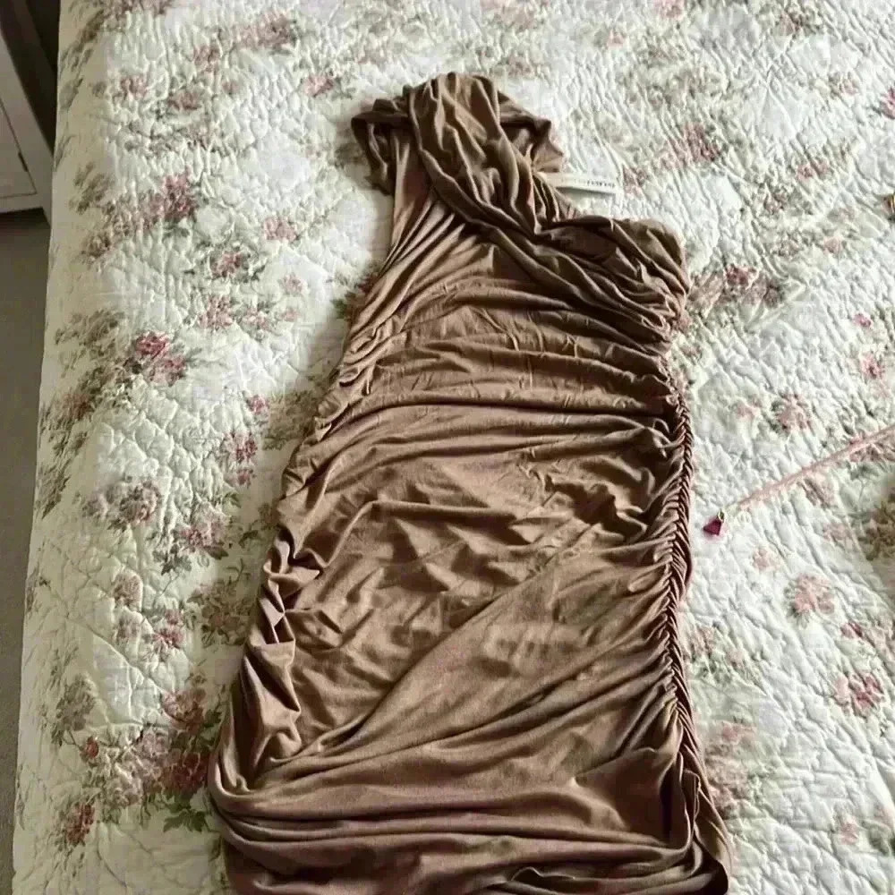 Ruched taupe BouBou mini dress